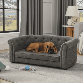 Pet Sofa With Arc-shaped Backrest And Armrests, Contemporary Rectangular Pet Sofa Crafted From Breathable Linen Cozy Soft Cushion Dog Sofa